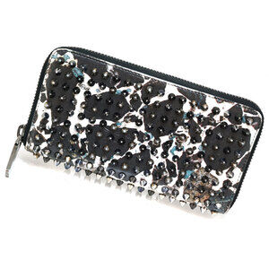 Christian Loubout round zip long wallet gray Khaki Green red leather